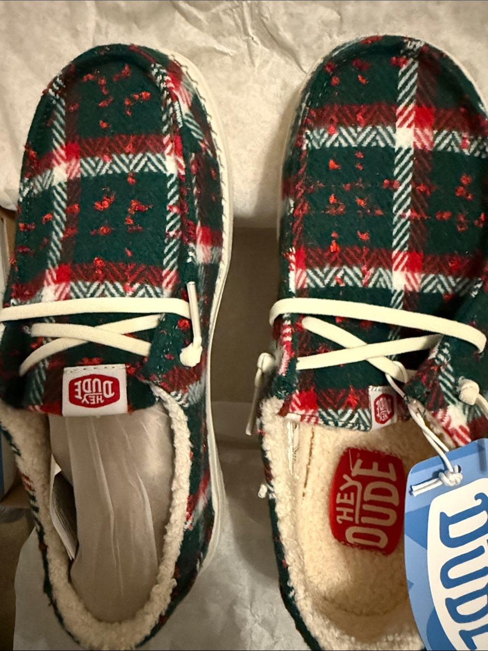 Hey Dude Women's Plaid Sherpa-Lined Slip-On Shoes in Green & Red